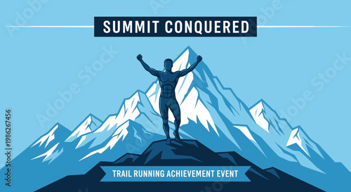 Triumphant Athlete Reaches Mountain Summit, Celebrating Trail Running Achievement Success