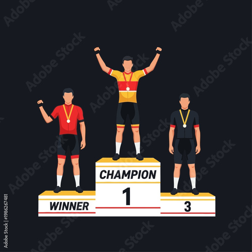 Triumphant Athletes Celebrate Victory on Podium, Achieving Champion Status and Receiving Medals