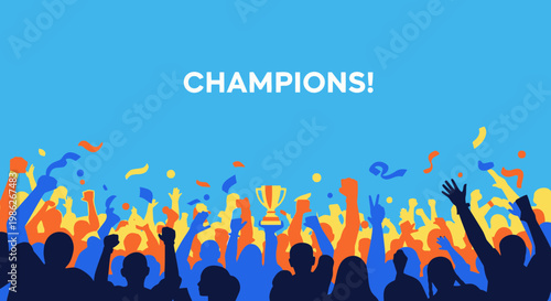 Triumphant Crowd Celebrates Victory With Trophy Amidst Vibrant Confetti Shower