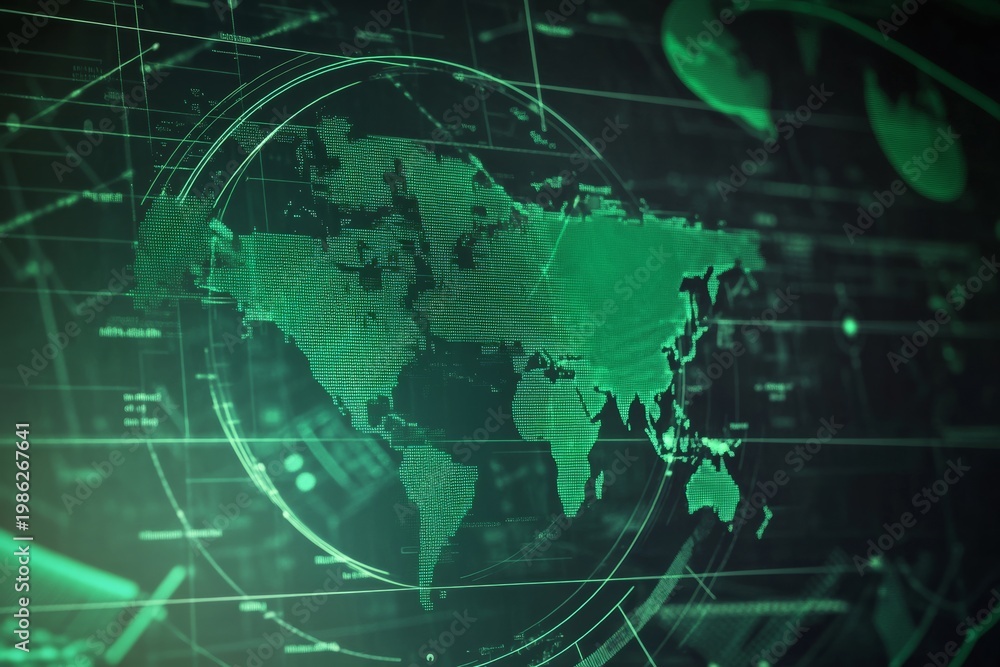 Obraz premium Green radar displaying a world map with digital lines and data across the surface at a technology center