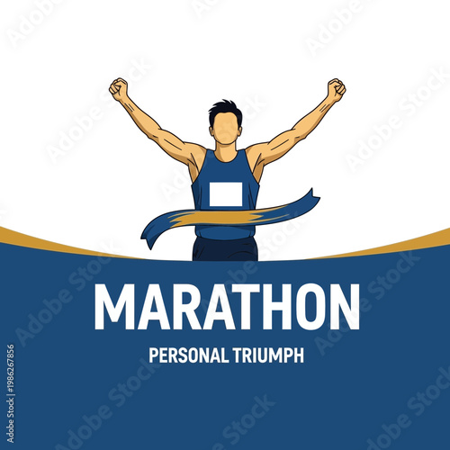 Triumphant Marathon Runner Celebrating Personal Victory With Raised Arms And Blue Ribbon