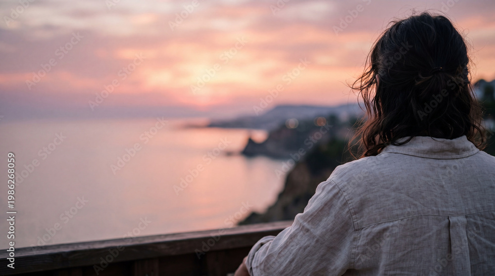 Fototapeta premium Traveler Silhouette Looking at Sunset over Ocean Soft Bokeh