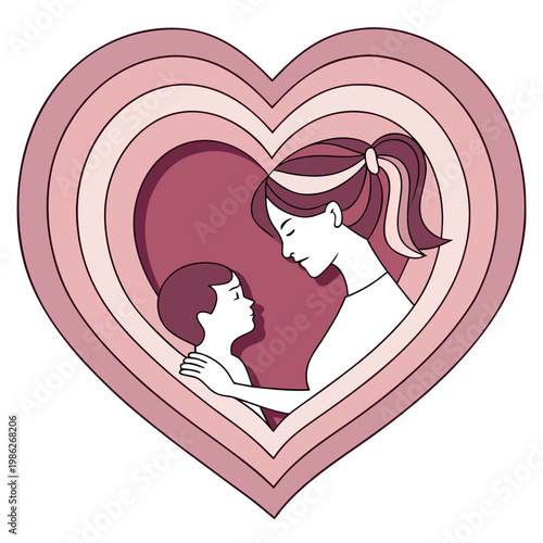 Mother and child in heart outline profile drawing.
