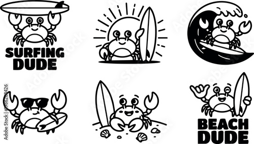 Black and white surfing dude crab with surfboard vector art collection