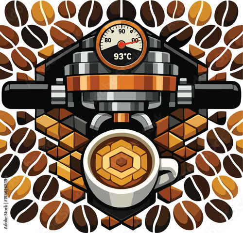 Professional Espresso Machine Portafilter Flat Lay with Geometric Coffee Bean Pattern