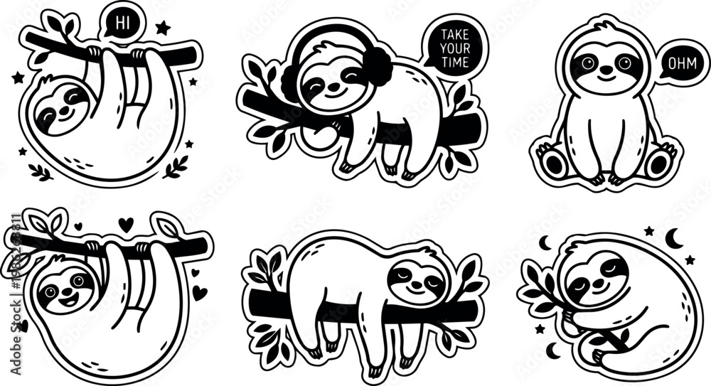 Fototapeta premium Cute sloths hanging and sitting on branches with speech bubbles