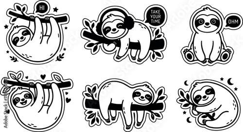 Cute sloths hanging and sitting on branches with speech bubbles