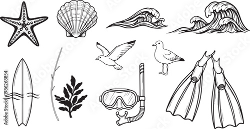Beach icons set in black and white line art for travel brochure
