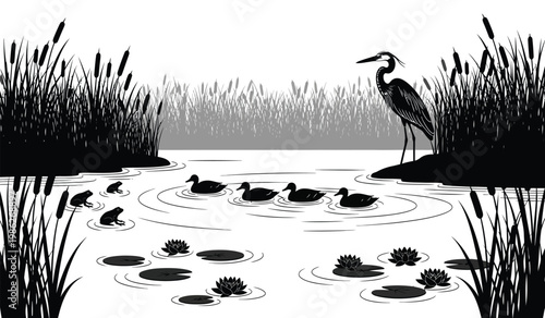A serene wetland scene depicts a heron standing amidst reeds and ducks swimming on the water showcasing a striking silhouette high quality professional detailed