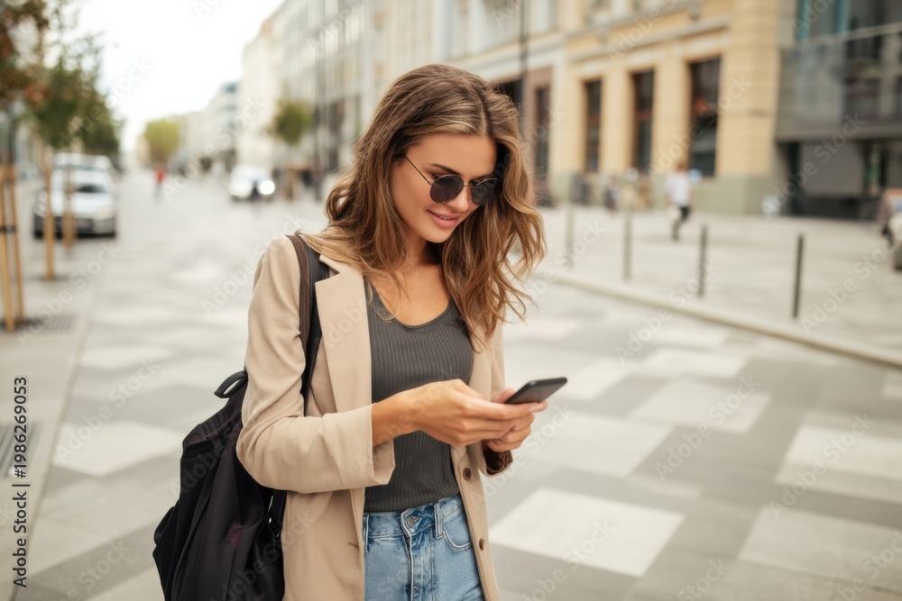 Fototapeta premium Woman using smartphone for navigation while walking on a city street, wearing sunglasses and a stylish outfit with a backpack, urban architecture in the background