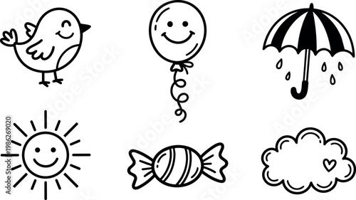 Black and white happy face sun balloon bird candy umbrella cloud vector art
