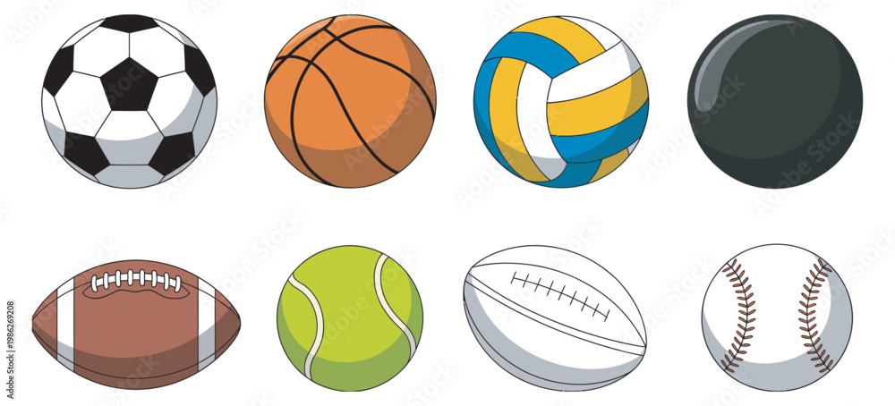 Obraz premium Various sports balls illustration set, soccer basketball baseball icons, athletic equipment vector design, isolated sport games collection white background elements