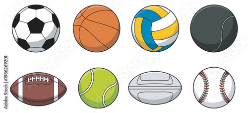 Various sports balls illustration set, soccer basketball baseball icons, athletic equipment vector design, isolated sport games collection white background elements