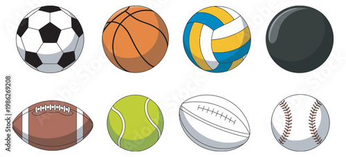 Various sports balls illustration set, soccer basketball baseball icons, athletic equipment vector design, isolated sport games collection white background elements