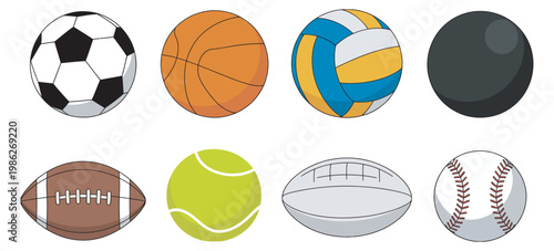Sports balls collection soccer basketball baseball vector set, athletic game equipment icons, isolated white background simple clean illustration design