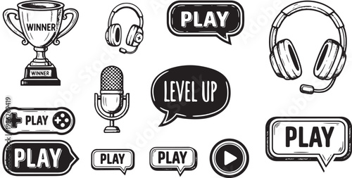 Black and white gaming icons set with play buttons and headsets in simple line style for web design