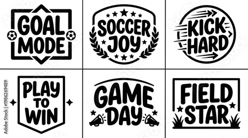 Black and white soccer phrases goal mode game day play to win vector art