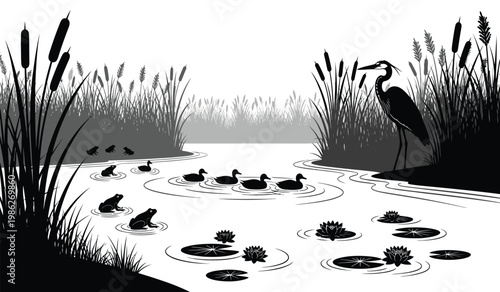 A tranquil waterscape showcases a heron ducks and frogs amidst reeds and lily pads depicted in striking black and white silhouette high quality professional