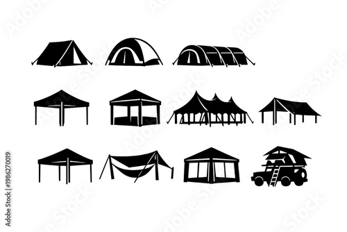 Set of Camping Tent and Outdoor Shelter Silhouettes Including Dome, Tunnel, Teepee, Pop-up Canopy, Gazebo, Marquee, Pavilion, Hammock, and Car Roof Tent Icons for Adventure and Event Design