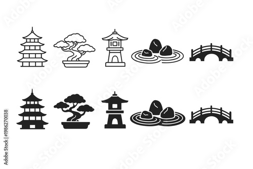 Japanese Garden Icon Set featuring Pagoda, Bonsai Tree, Stone Lantern, Zen Rock Garden, and Arched Bridge in Outline and Silhouette Styles for Landscape Architecture and Cultural Design Projects.