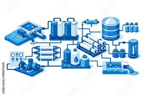 Isometric Illustration of a Water Filtration and Purification System with Blue and White Design Featuring Tanks, Filters, Pumps, and Pipes for Industrial or Residential Clean Water Processing