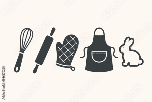 Vector Icon Set of Kitchen Utensils and Baking Tools Featuring a Whisk, Rolling Pin, Quilted Oven Mitt, Cooking Apron, and Rabbit Silhouette for Culinary, Pastry, and Easter Baking Projects