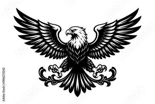Majestic Eagle Illustration in High Contrast Black and White Ink Style for Heraldic Design, Emblem, and Decoration; Powerful Bird of Prey with Spread Wings, Sharp Talons, and Ornate Scrollwork
