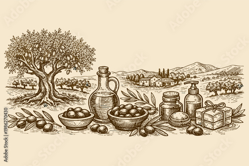 Hand drawn vintage sketch of olive tree, extra virgin oil bottle, fresh olives, and organic cosmetics including soap and lotion against a Mediterranean landscape with farmhouse and hills.