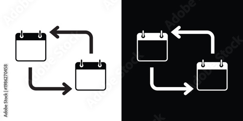 Calendar sync icon showing two date planners with looping arrows, ideal for scheduling, appointment updates, time management, and event coordination across digital platforms.