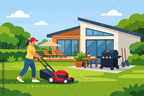 Woman Mowing Lawn in Modern Backyard Garden with Barbecue Grill and Patio Furniture, Professional Home Maintenance and Landscaping Illustration, Residential House Exterior with Green Grass Trees