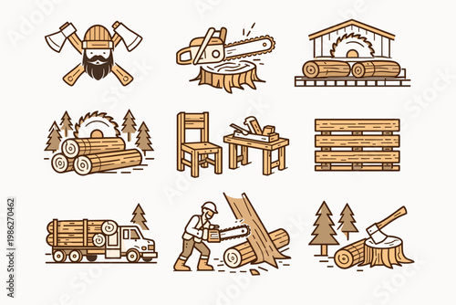 Lumberjack and Woodworking Icon Set with Chainsaw, Sawmill, Logging Truck, Timber, Carpentry Tools, Axe, Furniture, and Forest Elements in a Clean Line Art Style for Industry, Craft, and Design.