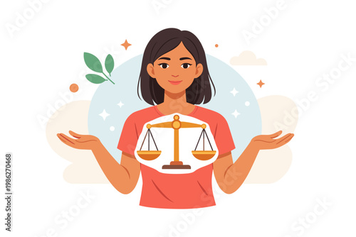 Young Hispanic Woman Illustrating Balance and Justice Concept with Golden Scales Icon, Flat Vector Illustration of a Female Character Symbolizing Fairness, Equality, Ethics, Law, and Harmony.