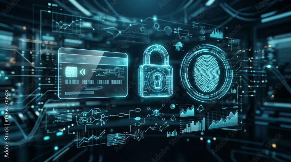 Fototapeta premium Credit card lock fingerprint security payment data network digital cyber protection card access authentication encryption privacy transaction online fraud identity safe system interface technology