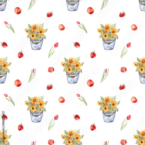 Cottagecore seamless pattern with sunflowers in buckets, tulips, strawberries, and peaches. Watercolor hand-drawn elements isolated on transparent. Cute design for home textile.