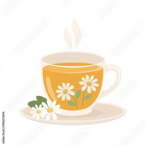 Chamomile herbal tea in glass cup with daisy flowers for wellness