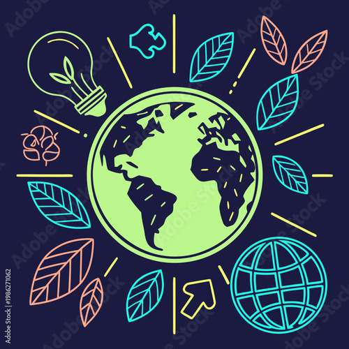 Earth with leaves and light bulb for green energy.