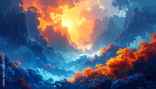Fiery sky over mountains