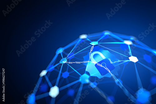 A blue network with a padlock and glowing connections on a dark background