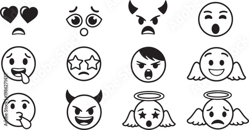 Set of emoticon faces in simple line art style on white background for digital communication
