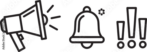 Megaphone and bell notification icons in black line art on white background for announcement