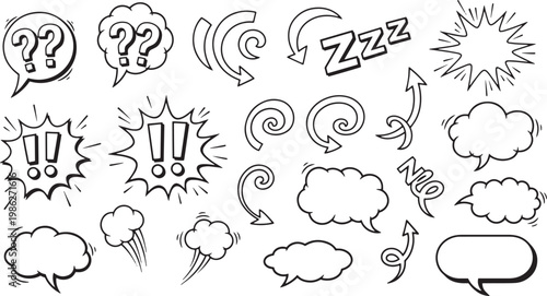 Hand drawn comic speech bubbles in black and white line art on clean background for digital illustration