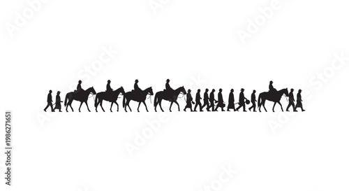 Historical army cavalry and infantry silhouettes set on white background with soldiers marching and riding horses.