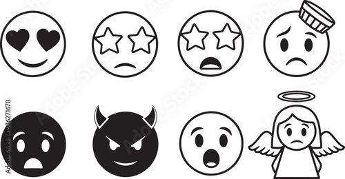 Set of emoticon faces in black and white line art for digital design