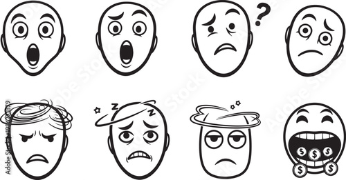 Set of cartoon faces in various emotions in black and white line art on isolated white background for digital communication