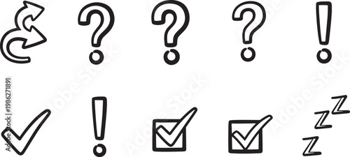 Punctuation marks and symbols in black line art on white background for graphic design