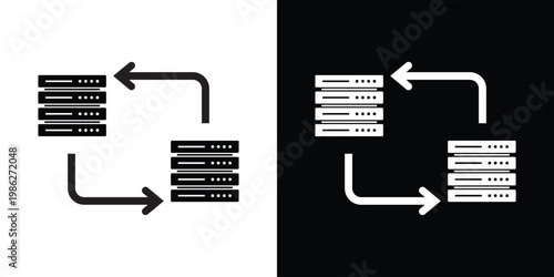 Network server icon with transfer arrows, illustrating database synchronization, hosting backups, cloud computing storage, and information flow between data centers.