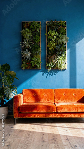 A well-lit and inviting living space featuring an orange couch, blue walls, and decorative potted plants.