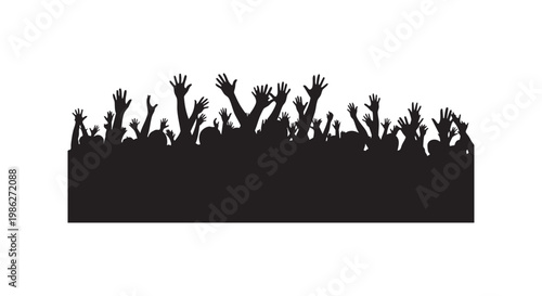Large crowd of people raising hands in silhouette representing audience applause concert fans or protest group at event.