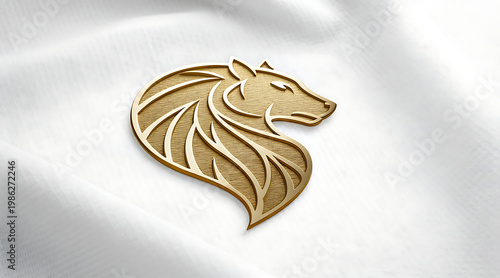 Wallpaper Mural Modern sculpted gold typography forming animal logo on fabric, elegant metallic wolf emblem with flowing mane and soft lighting Torontodigital.ca