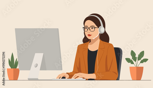 woman wearing headset working on computer.